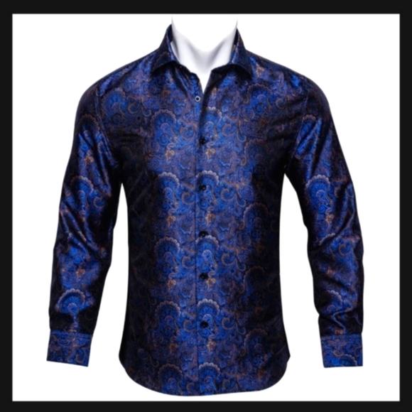 Barry.Wang Men's Luxury Blue Golden Floral Silk Button Down Shirt - Picture 1 of 7